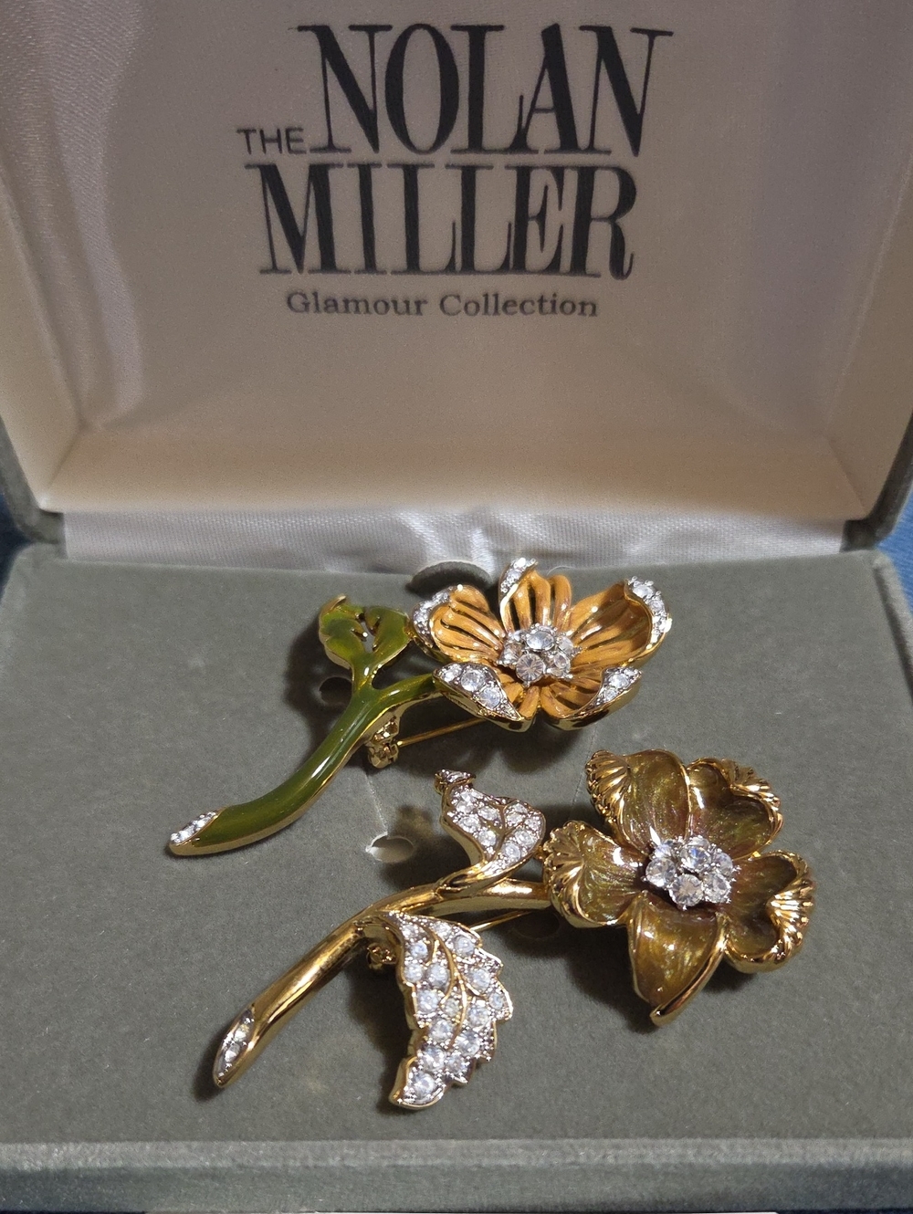 Nolan Miller Gold and Green Floral Brooch Set with Clear Crystals